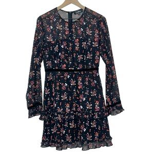 Lulus Floral to See Black Tiered Ruffled Long Sleeve Mini Dress Size Medium